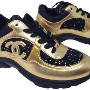 Chanel AUTHENTIC Gold Black Leather Low-top Sneakers (Tennis) 37 BRAND NEW